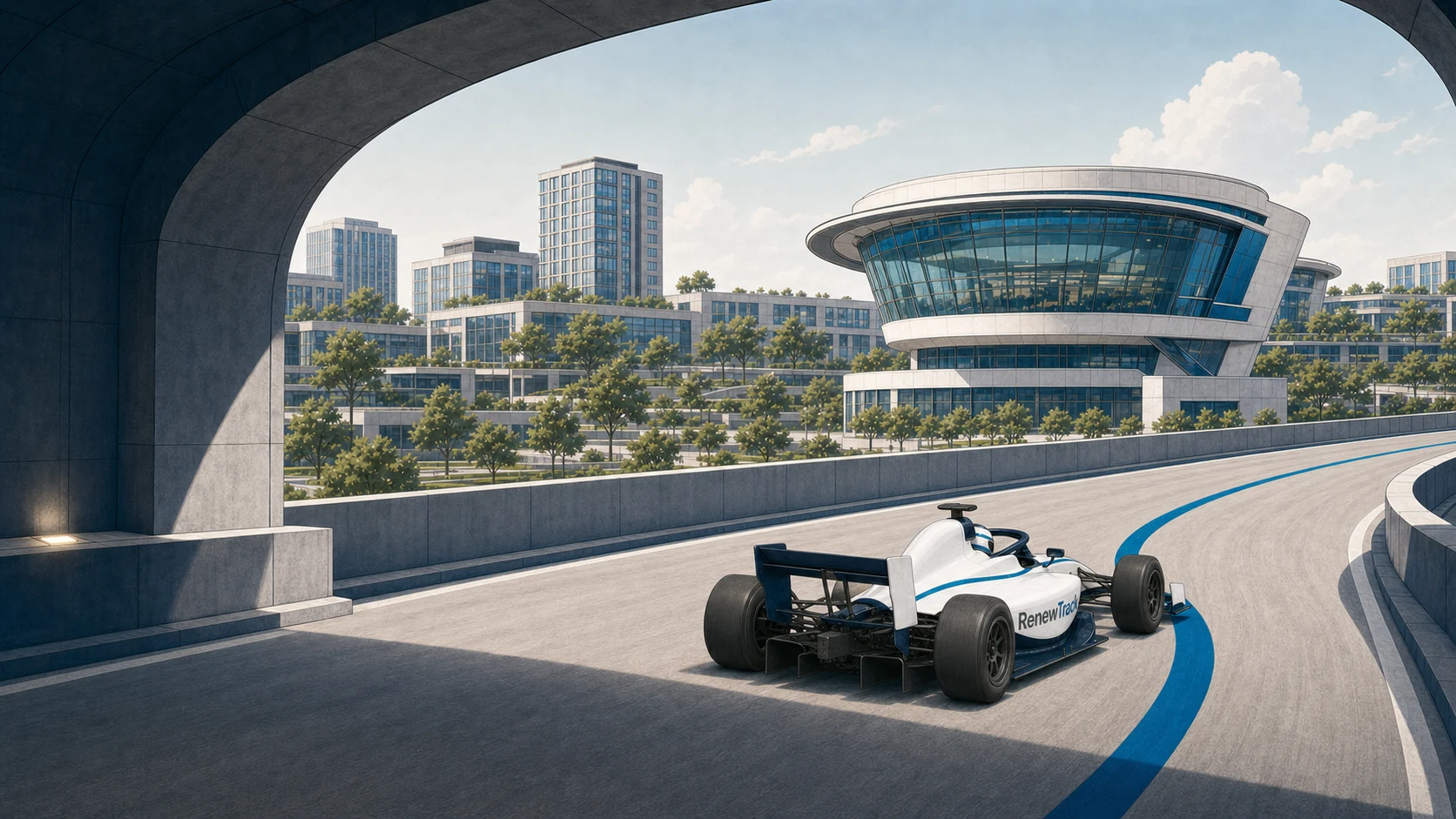 RenewTrack circuit moving from a dark tunnel into an open city route