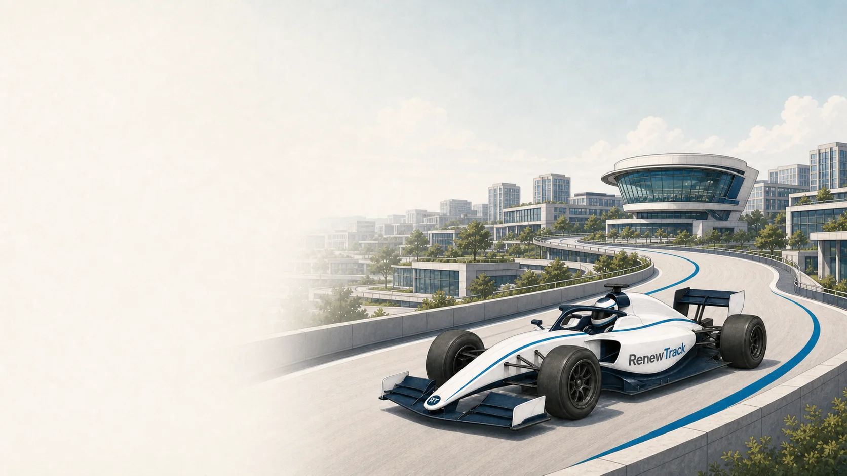 RenewTrack Formula-style car on an elevated circuit through a fictional city