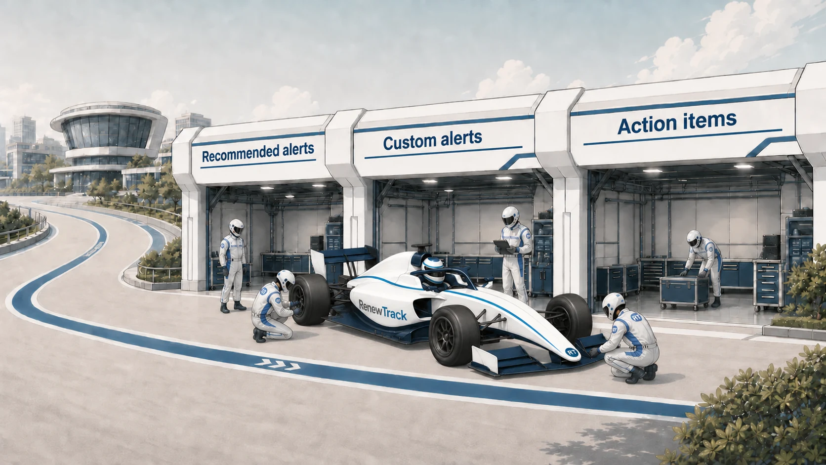RenewTrack Formula-style car with a pit crew beside three preparation bays